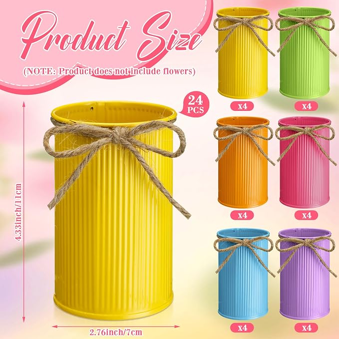 Rustic Vase for Table Centerpieces 4.33 Inch Small Petite Flower Vase with Twine Bow Vintage Farmhouse Decor for Wedding Reception Dining, Home Galvanized Metal Buckets(Multicolor,24 Pcs)