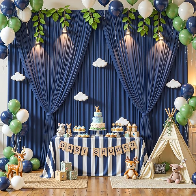 50ftx12ft Wrinkle Free Navy Blue Backdrop Curtain, 10 Panels 12FT Long Wedding Photo Backdrop Drapes, Silky Polyester Back Drop Cloth for Birthday Photography Background Party Backdrop Draping