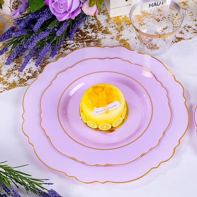 Liacere 350PCS Purple Plastic Plates - Disposable Lavender Plates 50guest Plastic Dinnerware include 100Light purple Plates,50Pack Pre Rolled Napkins Silverware 50Cups for Wedding & Mothers Day