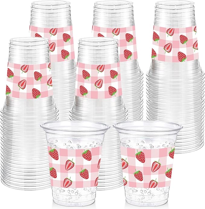 Funnymoom 60 Pack Strawberry Plastic Cups 12 oz Pink Gingham Disposable Clear Plastic Drinking Cups for Summer Fruit Theme Baby Shower Birthday Holiday Party Decoration Supplies