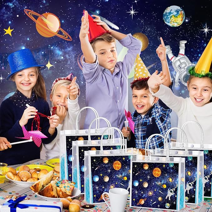 Hosuly 24 Pcs Outer Space Party Favor Bags with Handles, Clear PVC Planet Astronaut Goodie Treat Gift Bags for Solar System Birthday Baby Shower Space Party Favors Supplies 7.9 x 7.9 x 3.1Inch