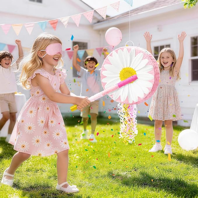 WERNNSAI Daisy Flower Piñata - Daisy Party Game Pink Flower Piñata for Girls Birthday Party Decorations Spring Party Favor Baby Shower Celebration Supply with Bat Blindfold