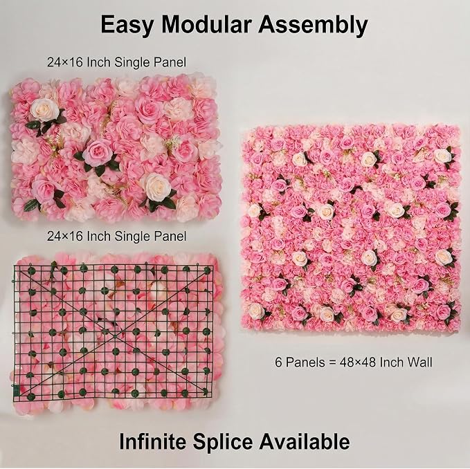 3D Flower Wall Backdrop 6 Pack, 24x16 Inch Deep Pink Artificial Rose Panels for Wedding, Party, Photo Studio, Home & Fence Decor