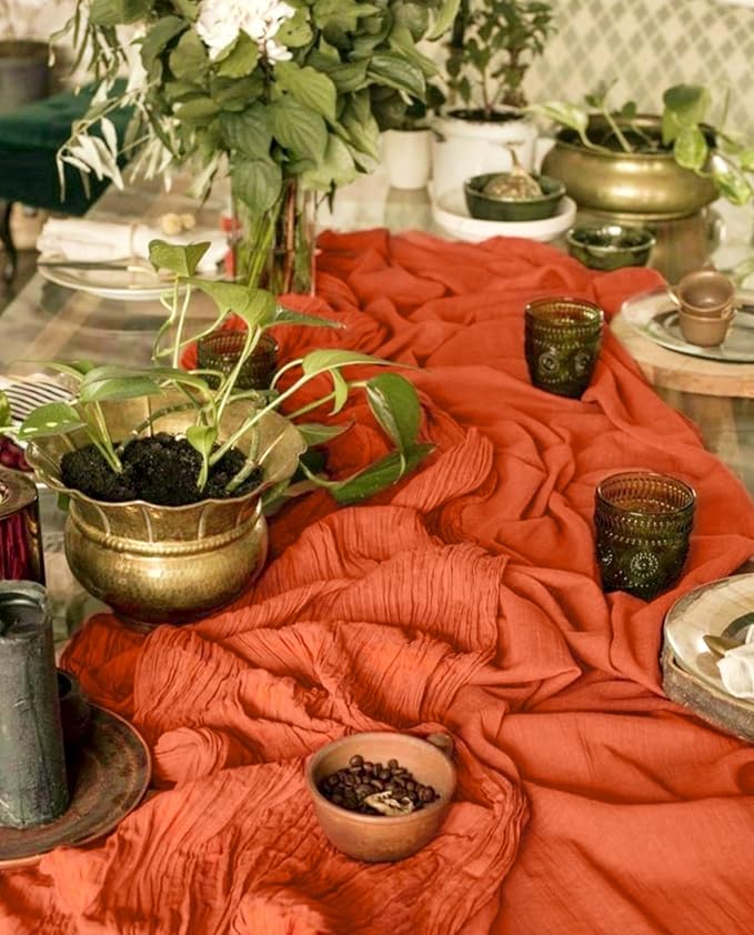 12 Pack Orange Cheesecloth Table Runner 10FT Boho Gauze Cheese Cloth Table Runner Rustic Sheer Fabric Table Runners for Wedding Bridal Shower Baby Shower Party(21.5×120 Inch)