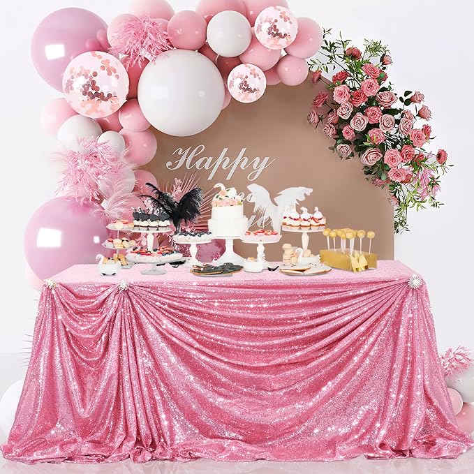 B-COOL Bright Sequin Tablecloth Fuchsia Pink Valentine's Day Table Cloth Rectangle Hot Pink for Party Dinner Banquet Festival Wedding Anniversary Exhibition Dessert Table 60x102inches
