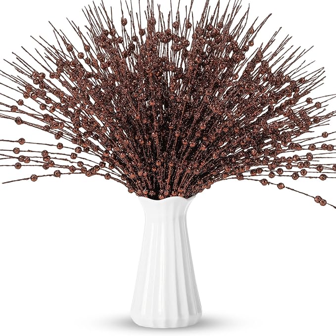 Geosar 30 Pcs Artificial Glitter Berry Stem Decorations 17 Inch Faux Stick Floral Pick Centerpiece Bouquet Flower Bead Twigs for Centerpiece Tree Wreath Ornaments Home(Brown)