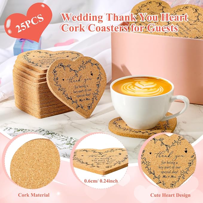 25 Sets Rustic Wedding Favor Coasters, Heart Cork Coasters for Guests, Mr & Mrs Coaster Favors with Thank You Cards & Organza Bags, Bridal Shower Party