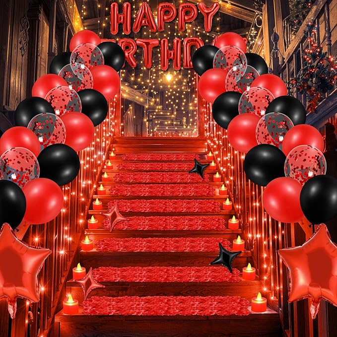 Red Happy Birthday Balloons Decorations Red and Black Birthday Balloon Letters Banner with 6 Pcs Star Balloons 1000 Artificial Rose Petals 24 Flameless LED Candles for Birthday Party Supplies Decor