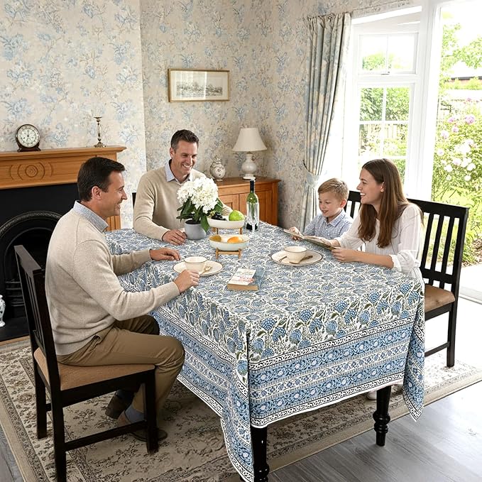 Ridhi Hand Block Print Asparagus Green Rectangle Cotton Tablecloth 108" x 70" Reusable Table Cover Decorative Everyday Use for Dining, Farmhouse, Home Gift for Spring, Easter, Valentine