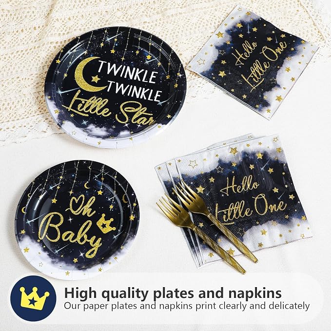 96Pcs Twinkle Twinkle Little Star Party Decoration Star Moon Baby Shower Plates and Napkins Navy Blue Gender Reveal Tableware Set for Boys Girls Baby Shower Celestial Birthday Party Supplies Serves 24
