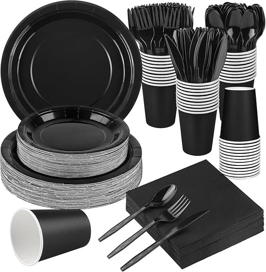 Kochorie 350 Pieces Black Dinnerware Set, 7 & 9 inch Dessert Paper Plates Cups Napkins Plastic Cutlery Disposable Party Supplies for Birthday Baby Shower Wedding, Serve 50 Guests