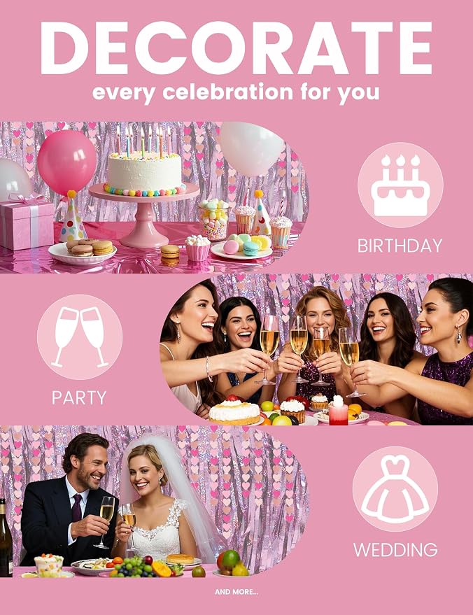 8 PCS Pink Party Decorations - Love-Heart Garland Streamers Banner, Disposable Pink Tablecloth, Tinsel Foil Fringe Curtains | Birthday, Bachelorette, Valentines Day, Girls Night
