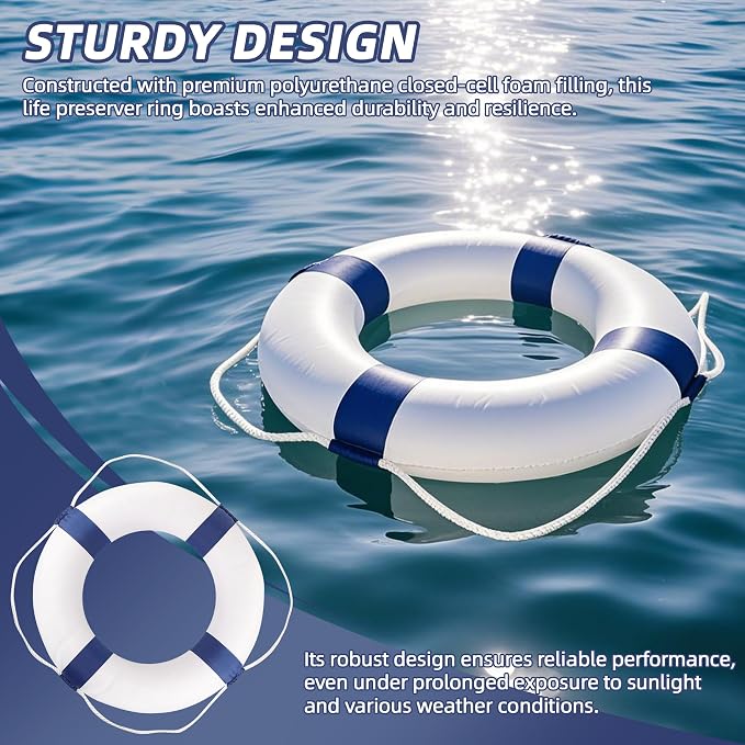 Calvana 20" Foam Life Preserver Ring with 98.4ft Floating Lifesaving Rope, Throwable Flotation Device, Pool Safety Float, for Buoy and Swimming Decoration, Boat Safety Equipment