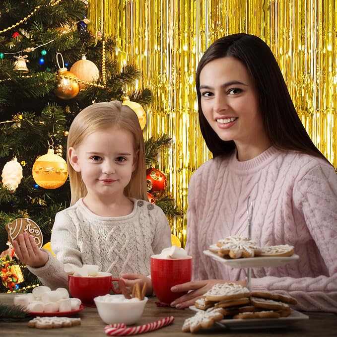 100 Pack Gold Foil Fringe Backdrop Curtains 3.2ft x 8.2ft Gold Tinsel Foil Fringe Curtains for Birthday Party Decorations Photo Booth Backdrop for Halloween Christmas New Year Holiday Decorations