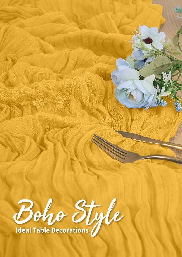 18 Pack Cheesecloth Table Runner Gold 10Ft Rustic Boho Gauze Table Runner Romantic Long Sheer Fabric Cheesecloth Table Runner for Wedding Festival Birthday Anniversary Dinner Outdoor Events