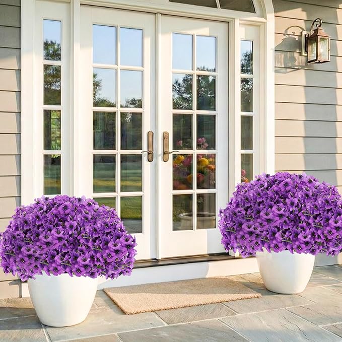 Powbrace 60 Pack Artificial Flowers for Outdoor Indoor Fake Plants, Faux Silk Flowers for Outdoors Outside Front Porch Hanging Planter Window Box Garden Spring Decoration(Purple)