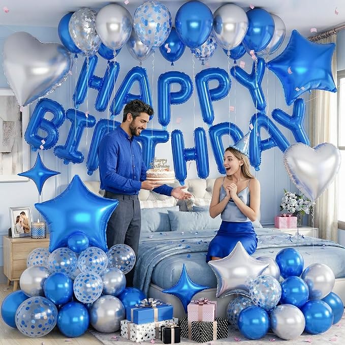 Blue Silver Birthday Decorations for Boys Dark Royal Navy Blue Metallic Silver Confetti Balloon Happy Birthday Banner 18/10 Inch Heart Foil Balloons Star Balloon for Men Bday Party Supplies