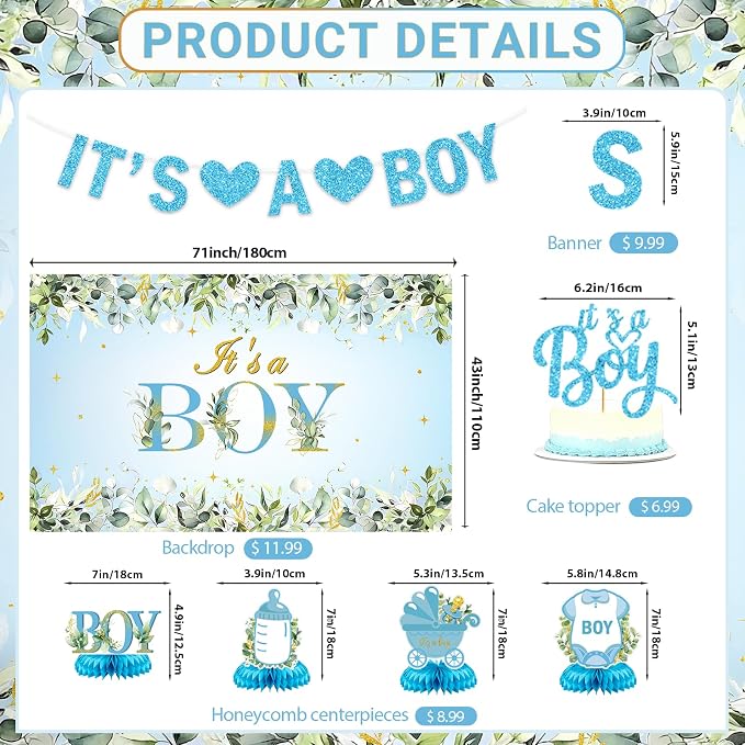 Baby Boy Shower Decorations, 107Pcs All-in-One Blue Themed Set for Baby Party, Pregnancy Gender Announcement, Easy to Assemble, It's a Boy Baby Shower Decorations