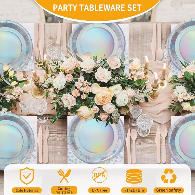 200PCS Iridescent Party Decorations Supplies, Paper Plates and Napkins Set, Iridescent Party Tableware Set for Mermaid Unicorn Birthday Wedding Party, Serve for 25 (Iridescent Set)