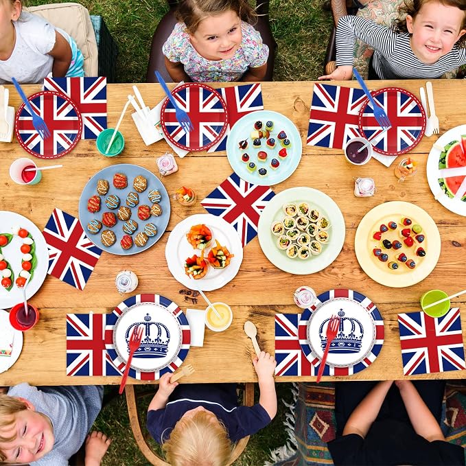 chiazllta 96 Pcs Britain UK England Flag Birthday Party Paper Plate and Napkins British Flag Party Supplies Tableware Union Jack Party Decorations Paper Plate Napkin Fork for Party Favors 24 Guests