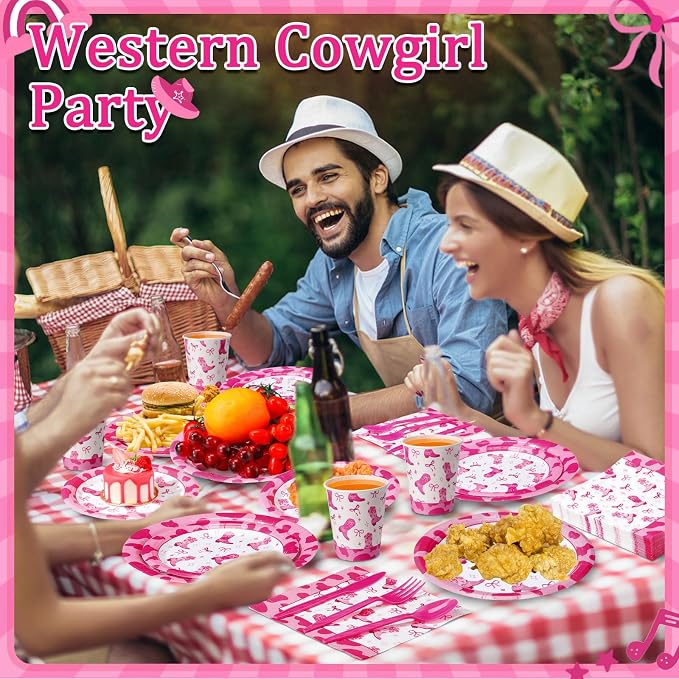 Pickmesh 400 Pcs Western Pink Cowgirl Party Plates and Napkin Decoration Disco Pink Coquette Bow Cowgirl Paper Tableware Cups Knives for Western Wedding Birthday Bachelorette Party Supplies Serve 50