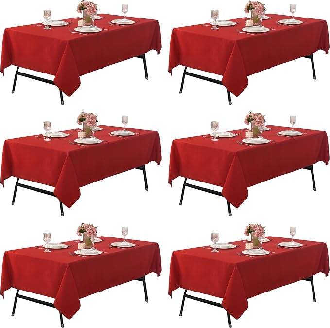 6-Pack 60x84 inch Red Table Cloths, Solid Stain and Wrinkle Resistant Oblong Tablecloth, Premium Plain Weave Polyester Fabric Rectangle Table Linen Covers for Hotel, Banquet