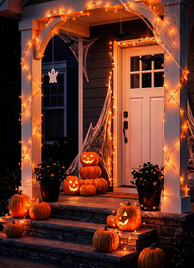 Halloween Fairy Lights Plug in, 33Ft 100LEDs Orange Fairy Lights, Waterproof Flexible Black Wire String Lights for Bedroom Home Party Ghost Haunted House Indoor Outdoor Halloween Decorations, Orange