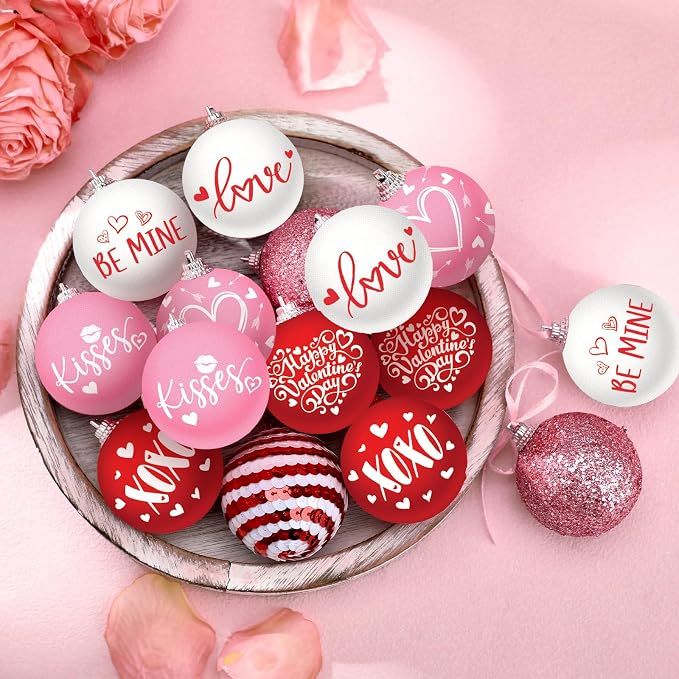 Outus 16 Pcs Valentine's Day Tree Ornaments Ball Vintage Happy Valentine's Day Decorations for Tree Red and Pink Love Kisses Xoxo Pattern Hanging Ornaments Home Farmhouse Holiday Fireplace Party Decor