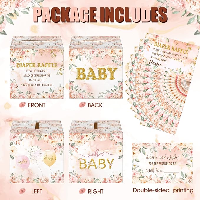 Teling 51 Pieces Diaper Raffle Tickets with Card Box Baby Shower Decorations Baby Shower Holder Box for Girl Boy Diaper Raffle Party(Floral Style)