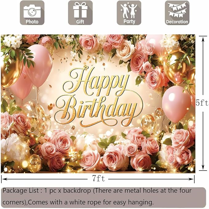 Happy Birthday Backdrop Banner For Women Girls Princess Pink Floral Flower Wall Rose Gold Balloon Party Decorations Photography Background Supplies Decor Fabric Photo Booth Props 7x5ft