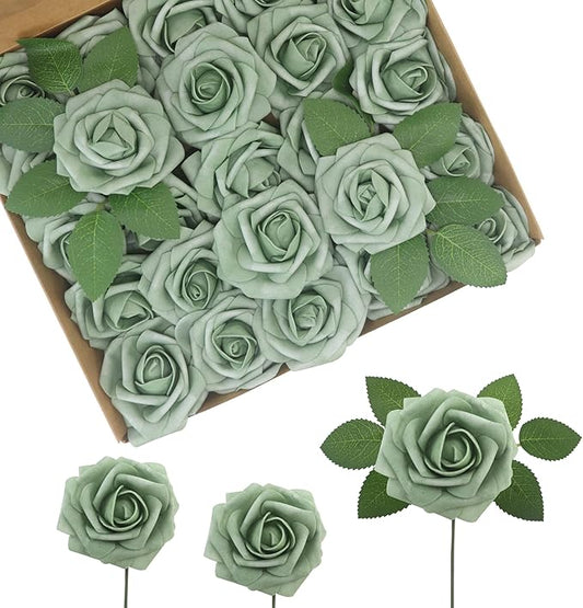 JOYLEX 50PCS Elf Green Artificial Flowers Realistic Roses, Real Looking Fake Roses with Stem for DIY Wedding Bouquets Centerpieces Bridal Shower Party Home Romantic Decorations (Elf Green, 50pcs)