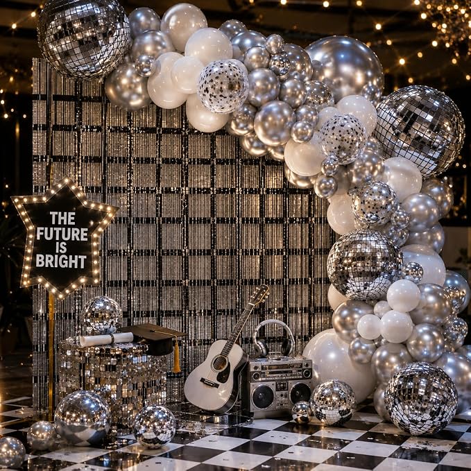 Disco Balloon Arch Kit, 87 Pcs Silver and White Balloon Garland Set with Checkered Foil Fringe Backdrop for Disco Birthday Party Graduation Prom Decorations 2026 Silver