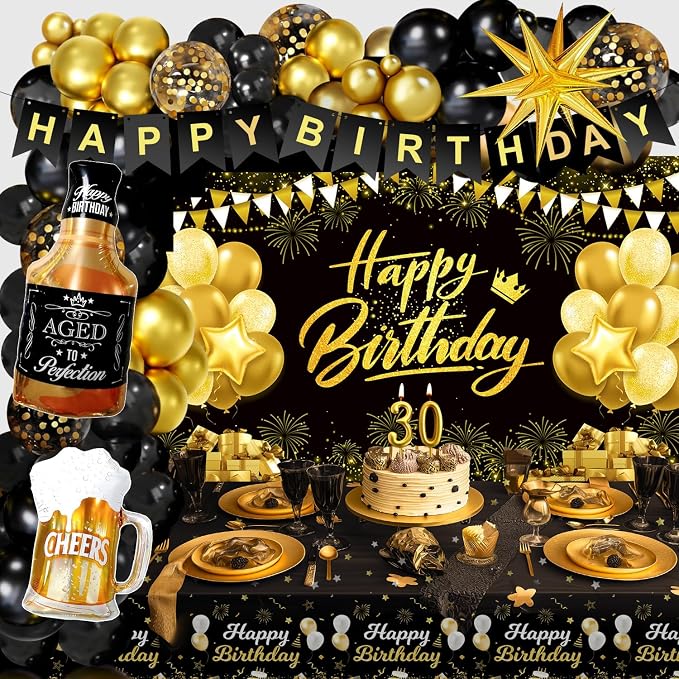 Black and Gold Birthday Decorations for Men Women | Black Gold Balloon Arch Kit, Happy Birthday Banner, Tablecloth, Backdrop