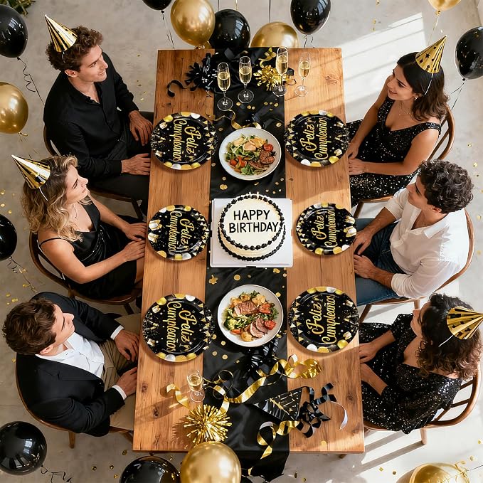 96Pcs Feliz Cumpleaños Decoration Black and Gold Plates and Napkins Feliz Cumpleaños Happy Birthday Tableware Set for Men Women Spanish Black and Gold Birthday Party Supplies Serves 24