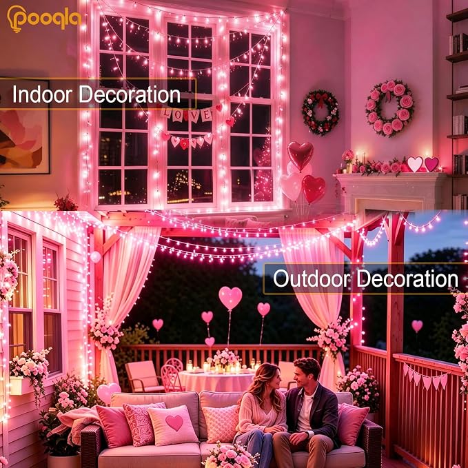 Pooqla 2 Pack String Lights Battery Operated, Total 33.3ft 100 LED Fairy Lights Indoor Outdoor Decorations, 8 Modes Pink Battery Christmas Lights for Bedroom Classroom Porch Party Yard Wedding Decor