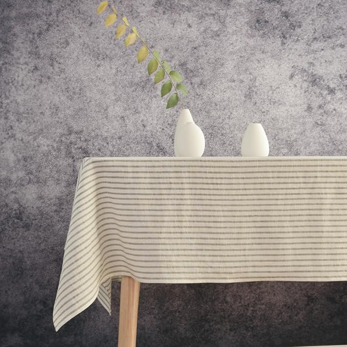 Linen Tablecloth- 60x108 Inch Stripe Pure Linen Gray and White Table Cloth for Rectangle Tables, for Winter, Fall, Thanksgiving, Machine Washable