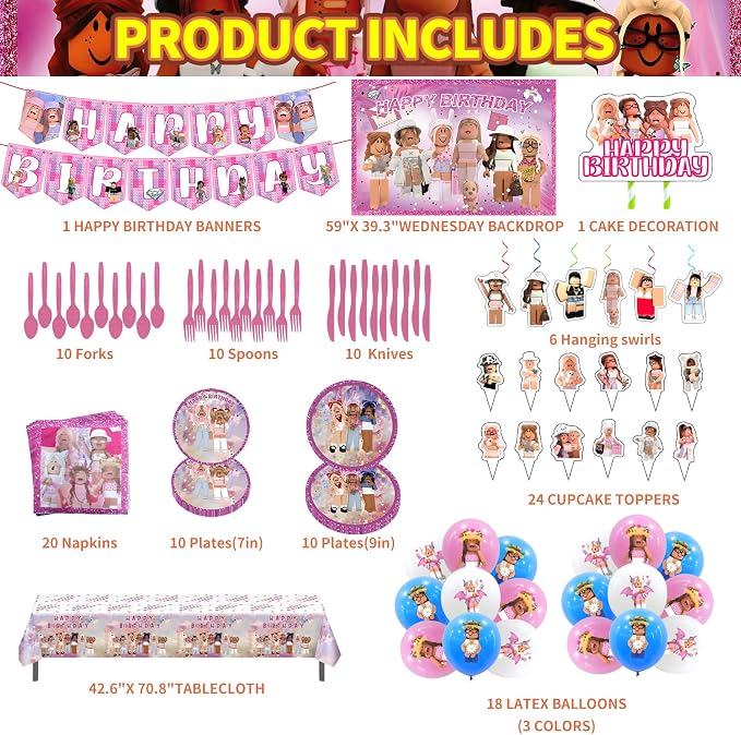 Birthday Party Supplies - Theme Children's Party Decorations Included Happy Birthday Banner, Backdrop, Hanging Swirls, Tablecloth, Cupcake Cake Toppers, Plates, Tableware, Napkins, Balloons