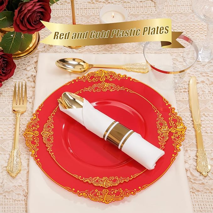 Nervure 100PCS Red and Gold Plastic Plates - 10.25inch Red Disposable Plates - Heavyweight Dinner Plate for Wedding & Party & Mothers Day