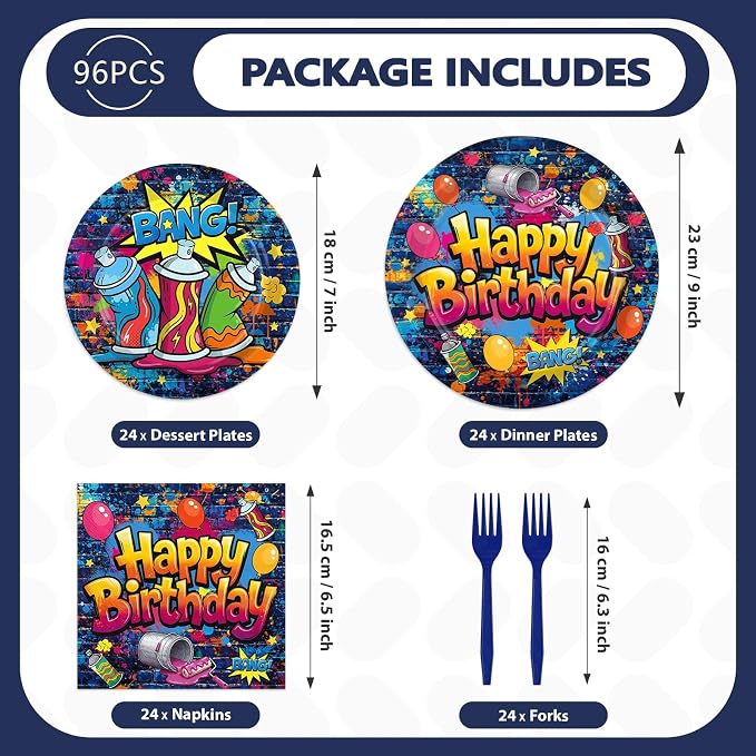 96 Pcs Graffiti Birthday Party Supplies Hip Hop Retro Graffiti Plates and Napkins Colorful Paint Splatter Tableware Set for Boys Girls Birthday Retro Paint Party Supplies, Serves 24