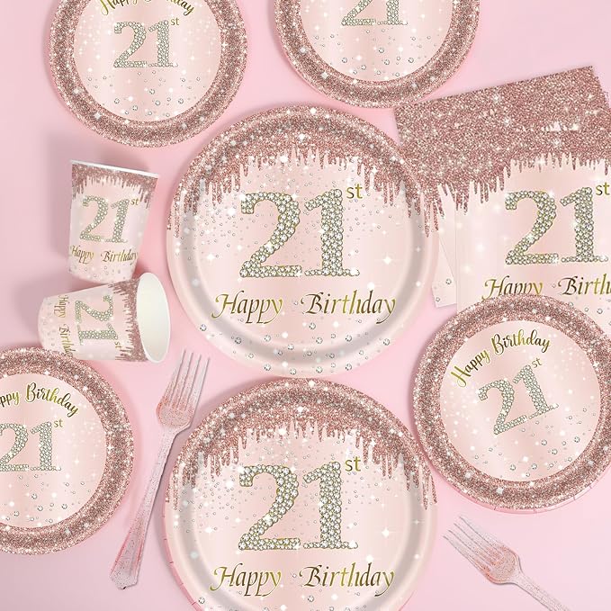 121Pcs 21st Birthday Party Supplies Plates Napkins Cups Forks Tablecloth Rose Gold Happy 21st Birthday Themed Disposable Tableware Decorations Serves 24 Guests for Women Her 21 Years