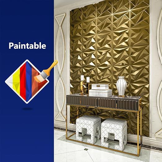 Art3dwallpanels 33 Pack 3D Wall Panel Diamond for Interior Wall Décor, PVC Textured Wall Panels, 12''x12'' Cover 32.Sq.Ft. Golden