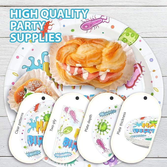 96Pcs Virus Theme Party Decorations Colorful Cells Virology Theme Plates and Napkins Happy Birthday Tableware Set for Kids Birthday Baby Shower Party Decorations Serves 24
