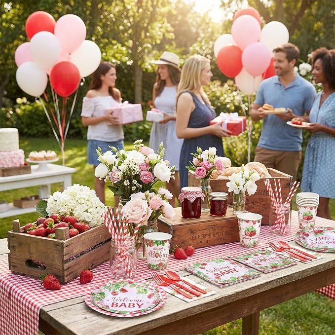 450 Pcs Strawberry Baby Shower Tableware Set Decorations A Berry Sweet Baby Paper Plates Napkins Cups Cutlery Straws for Berry Gender Reveal Birthday Party Supplies, Serves 50