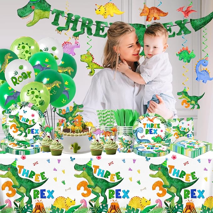 214pcs Three Rex Birthday Decorations Tableware Boy,Dinosaur Paper Plates and Napkins for Birthday Party,12 Balloons,Banner,Tablecloth,Cups,TRex Dinosaur Theme 3 Year Old Boy Party Supplies,Serve 24