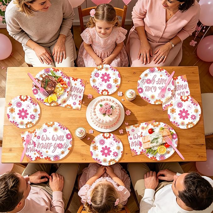 96Pcs Pink Daisy Farewell Party Supplies We Will Miss You Plates and Napkins Groovy Flowers Tableware Set for Boho Hippie Goodbye Office Retirement Going Away Party Decor, Serves 24