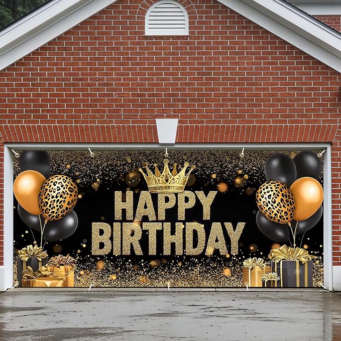 Happy Birthday Garage Door Banner Cover 7x16FT Waterproof –Black Gold Leopard Print Crown Backdrop with Balloons & Gifts Luxury Party Decor for Indoor Outdoor,Birthday Photo Booth Background for Women Men