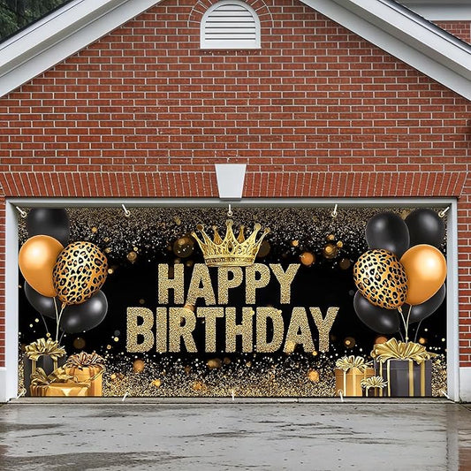 Happy Birthday Garage Door Banner Cover 7x16FT Waterproof –Black Gold Leopard Print Crown Backdrop with Balloons & Gifts Luxury Party Decor for Indoor Outdoor,Birthday Photo Booth Background for Women Men