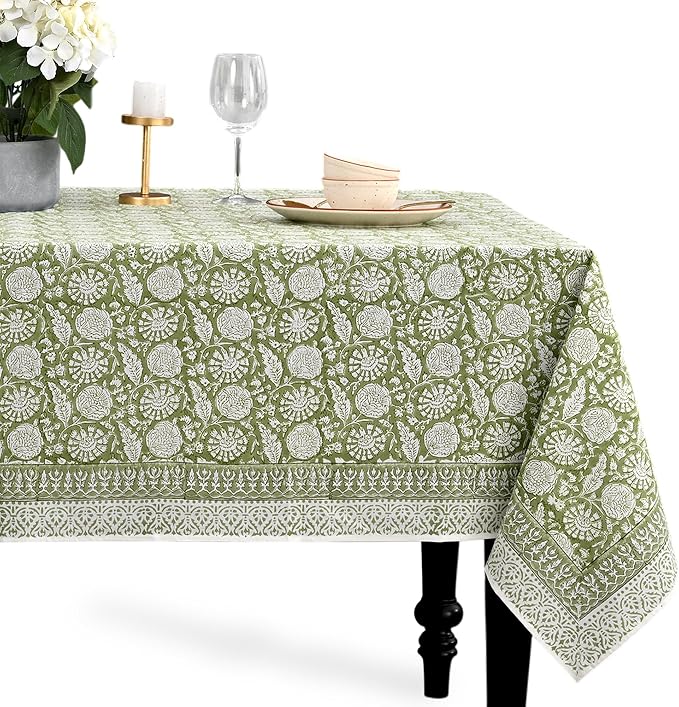 CPC Olive Bloom Tablecloth 100% Cotton 72x160 Inch Indian Block Print Rectangle Table Cover, Table Cloth for Gifting in Weddings, Halloween, Fall, Christmas, Thanksgiving