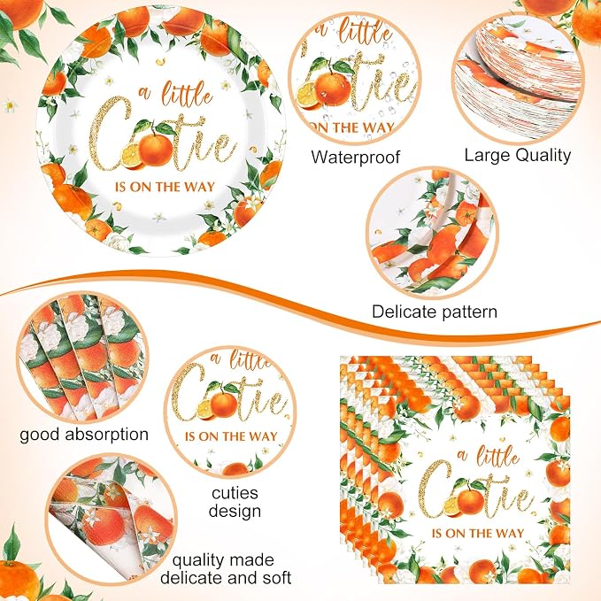 Funnymoom 452 Pcs Little Cutie Baby Shower Party Decorations a Little Cutie Is on the Way Paper Plates Napkins Cups Tablecloth Cutlery Straws for Orange Citrus Tangerine Fruit Birthday Party