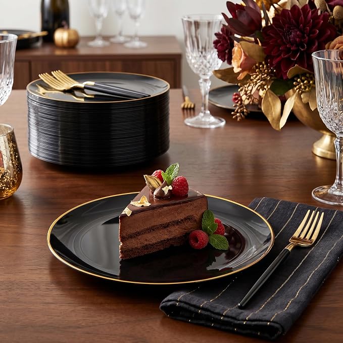 I00000 144Pcs Black and Gold Dessert Plate Set, Including 72Pcs Black and Gold Plastic Plates 7.5" and 72Pcs Disposable forks 8.5", Fancy Salad Plates with Gold Rim for Thanksgiving and Party